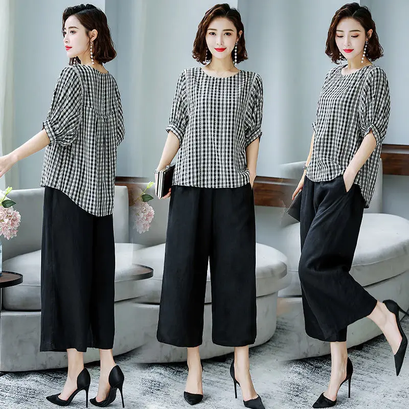 

Two Piece Set Women Summer Korean Fashion Short Sleeve Top Casual Pants Suits Two-piece Set Womens Outfits Plus Size 5XL J470