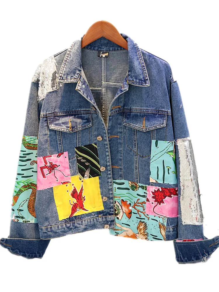 

2022 Spring Autumn Women's Denim Jacket Sequins Overcoat Patchwork Cartoon Jeans Jacket Casual Female Loose Coat Outwear P638