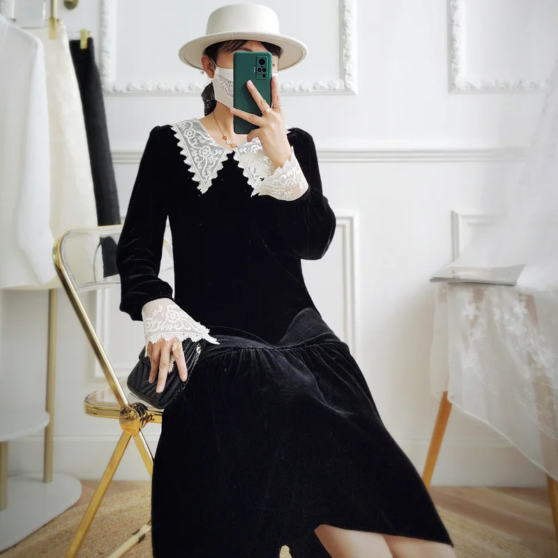 

Silk Gold Velvet Dress Women Ruffled Doll A-line Long-sleeved Long Skirt 2022 Spring New