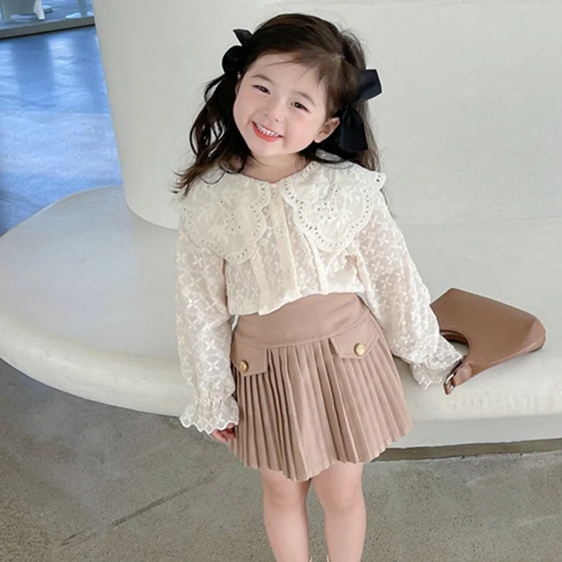 

2023 Spring Children Lace Ruffle Collar Princess Shirt Girls Pleated Skirt Two-piece Suit for Party Kids Boutique Clothes 2y-7y