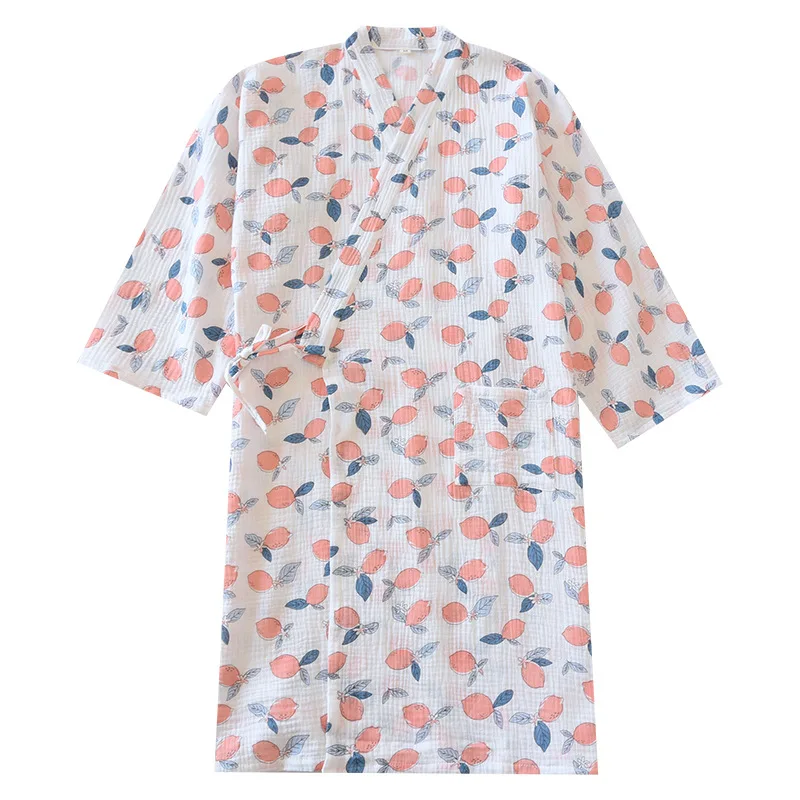 Crepe Printed  Kimono Robes Diagonal Lace Up V-neck Loose Comfortable Nightgown Three Quarter Mango Bathrobe Long Night Gown