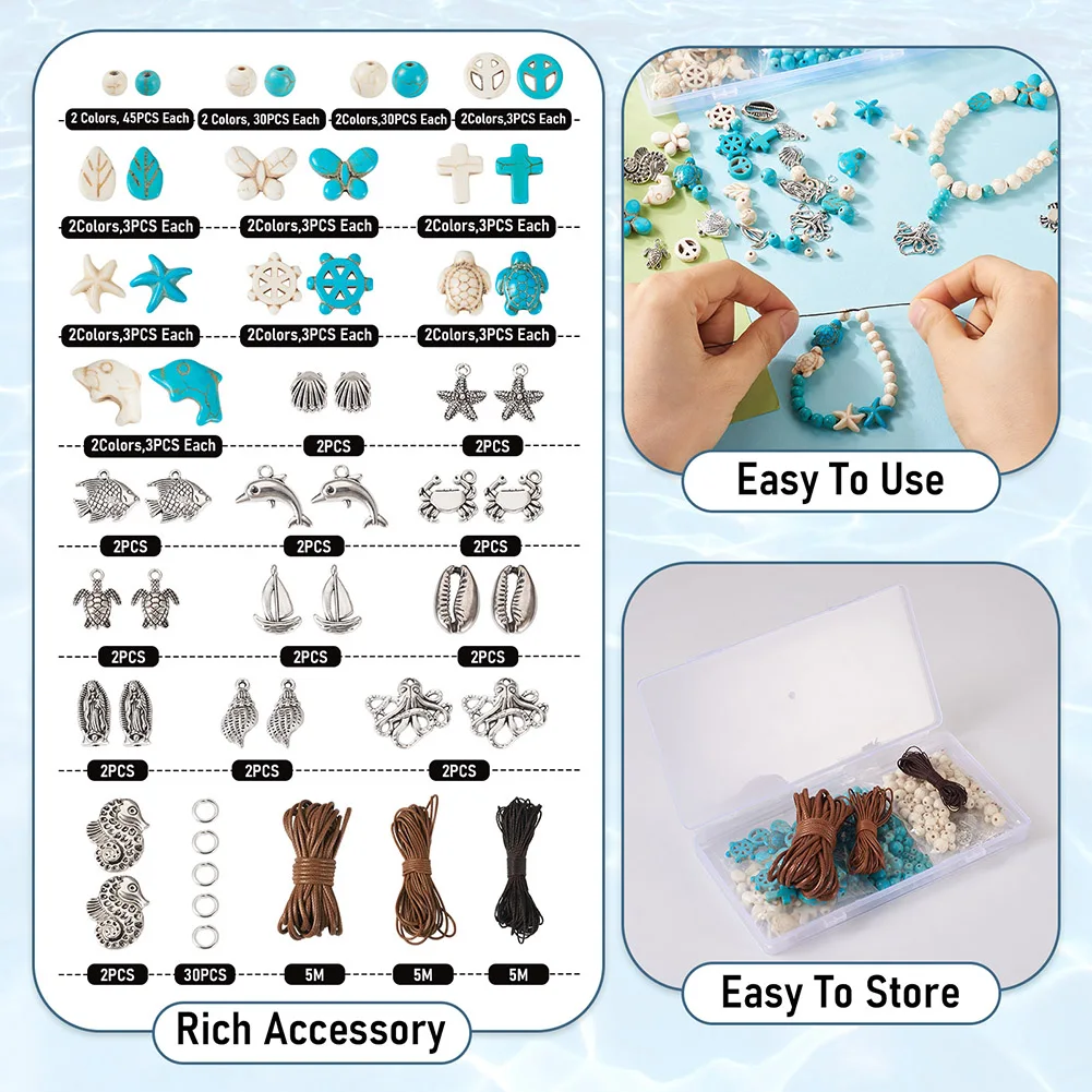 Turquoise Beads Set For Jewelry Making Dolphin Fish Boat Alloy Pendants Charms for DIY Ocean Theme Necklace Bracelet Accessories