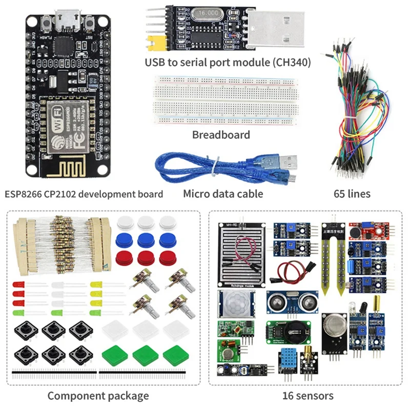 

ESP-12E ESP8266 CP2102 макетная плата + 16X Датчики + элемент посылка + модуль последовательного порта USB + 65 перемычек + доска для хлеба