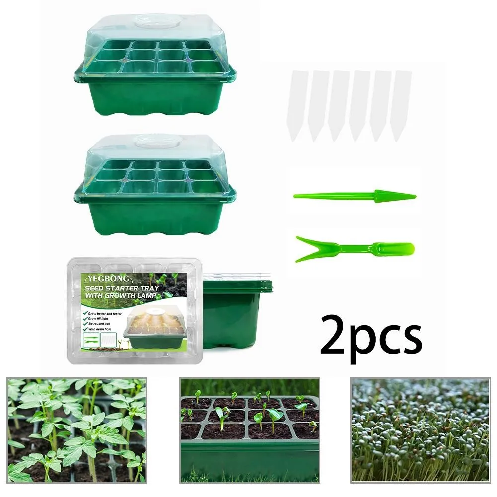 

2pcs 12 Cell Plant Grow Tray With Grow Light Plant Flower Nursery Pot Plastic Seedling Tray Greenhouse Seed Grow Germination Box
