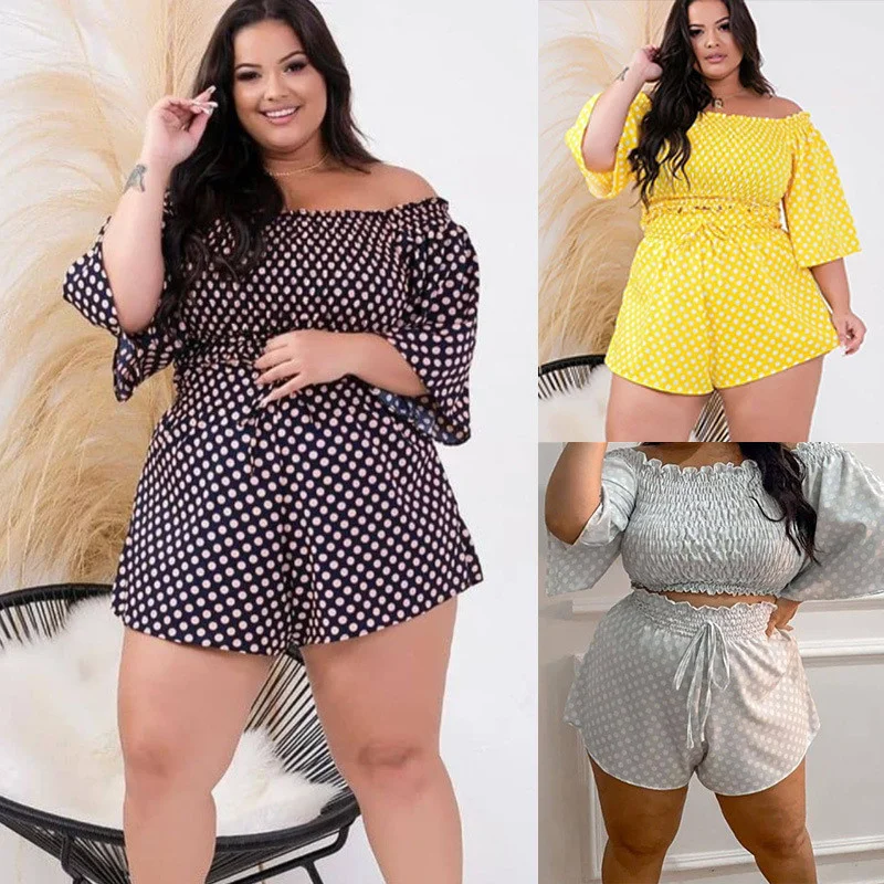 Plus Size New Two Piece Set Women's Clothing Wholesale Off Shoulder Short Sets Dot Print Top Sweet Suit Summe 3xl 4xl 5xl 6xl