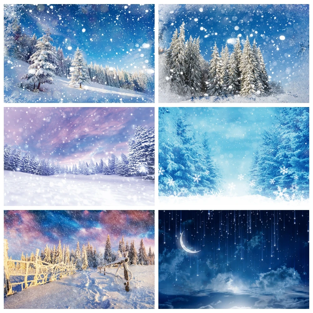 Winter Scene Backdrop Forest Pine Tree Glitter Snowflake Christmas Blue Sky Natural Landscape Photography Background