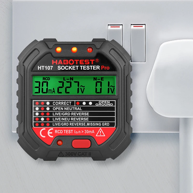 HT107 Digital Socket Tester Pro Voltage  30mA RCD Test Smart  Detector  EU US UK Plug Ground Zero Line Polarity Phase Check