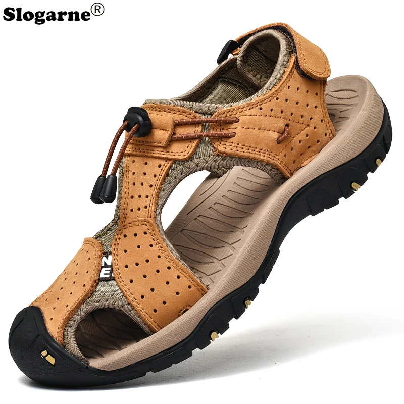 

Slogarne 2022 New Men Summer Sandals Genuine Cow Leather Sandals Comfortable Casual Shoes Flats High Quality Man Beach Sandals