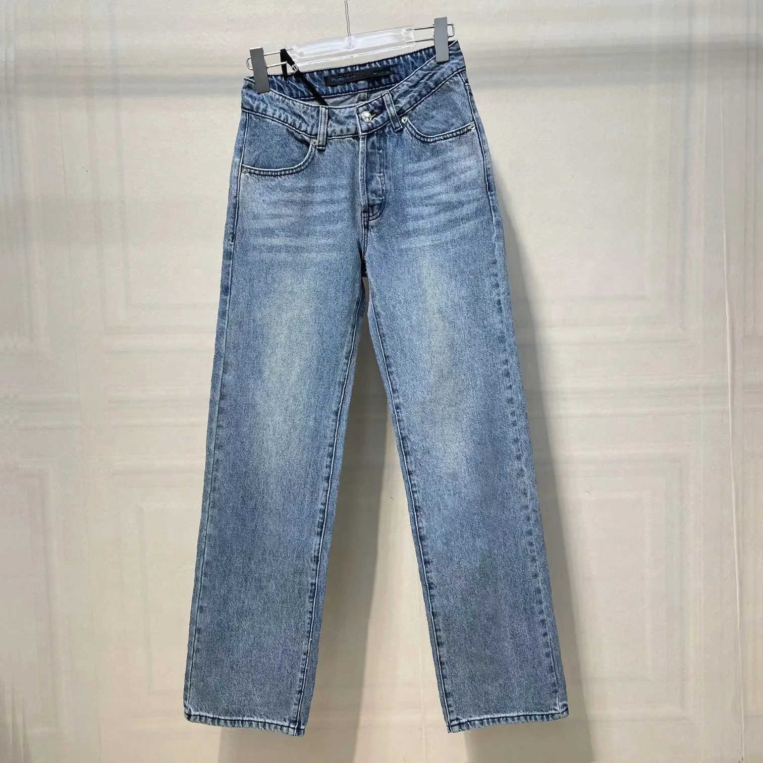 

Aw wang washed blue jeans 2024 spring new oblique mid-waist pants tie irregular pants female