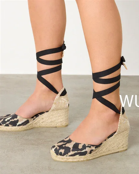 High Wedge Espadarille Black Gray Speckled Print Patchwork Sandals Cover Shallow Ankle Ribbon Wrap Shoes Ethnic Casual Gladiator