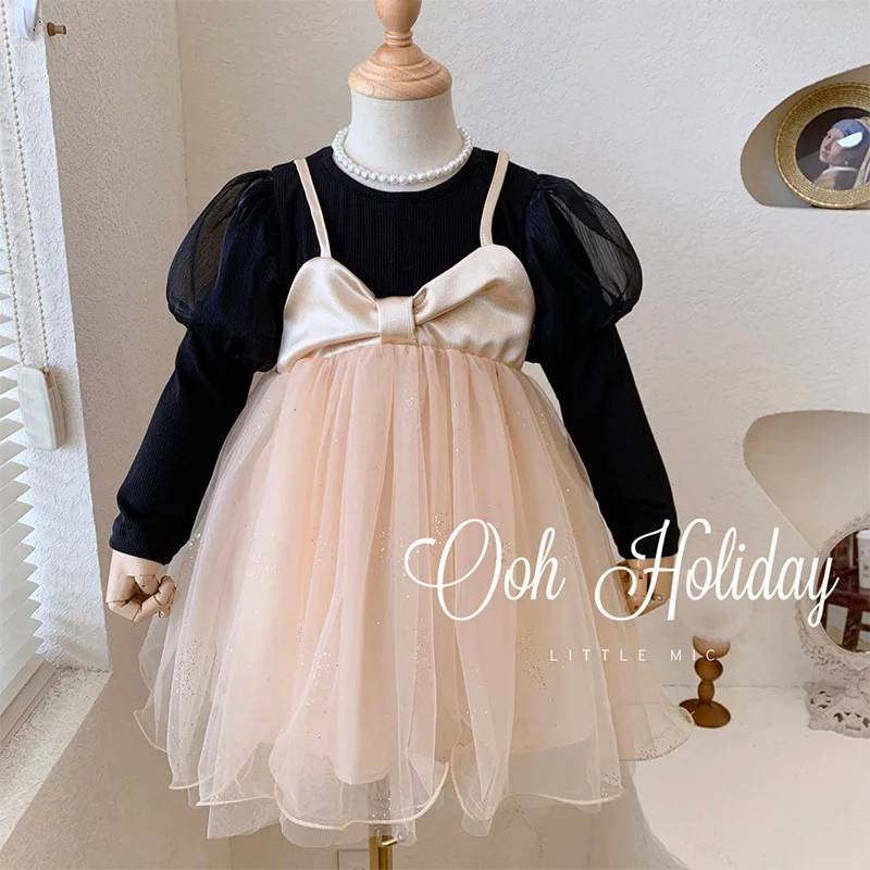 

Children's Clothing 2022 Autumn Girls Puff Sleeve Princess Skirt Little Girl Foreign Style Fake Two-piece Dress Baby