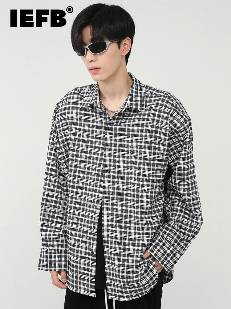 

IEFB Men's Shirt Autumn New Korean Fashion Loose Simple Personalized Lattice Shoulder Pad Turn-down Collar Male Tops 9A4487