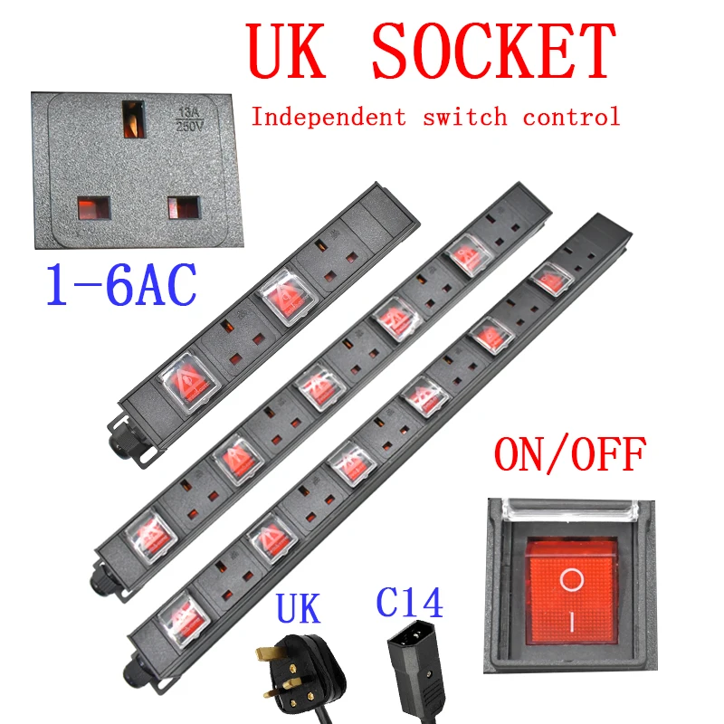 

PDU 1U network cabinet rack mounted power board distribution UK socket independent switch control 2m line 1-6AC socket
