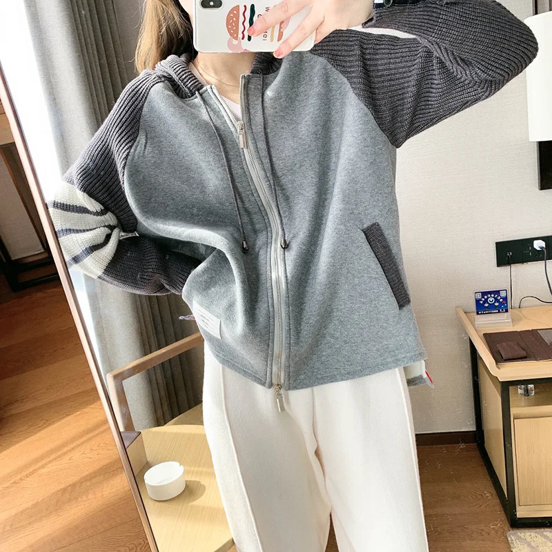 

TB Sweater Women Plus Velvet Fashion Korean Version of Loose Knitting Stitching Design Sense Niche Top Hooded Cardigan Coat Tide