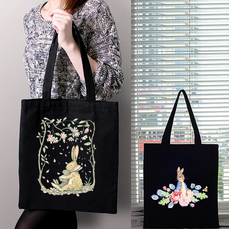 

Cute Cartoon Rabbit Black Shopping Bags Large Capacity Handbags Female Vintage Aesthetic Student Handbag Canvas Bag Eco