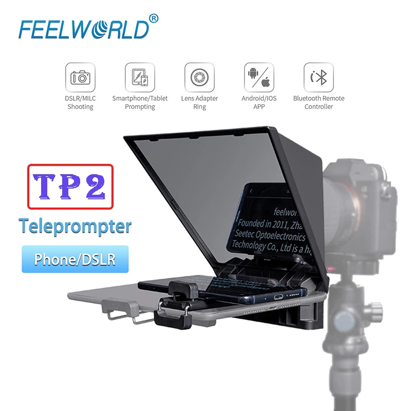 

FEELWORLD TP2 Portable DSLR Camera Teleprompter for Smartphone Tablet with Remote Control Lens Adapter Rings