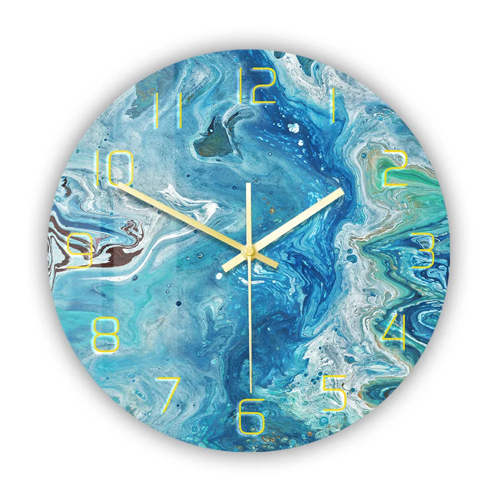

Blue Fluid Poured Painting Minimalist Wall Clock For Living Room Decor Natural Marble Round Modern Abstract Artwork Wall Watch