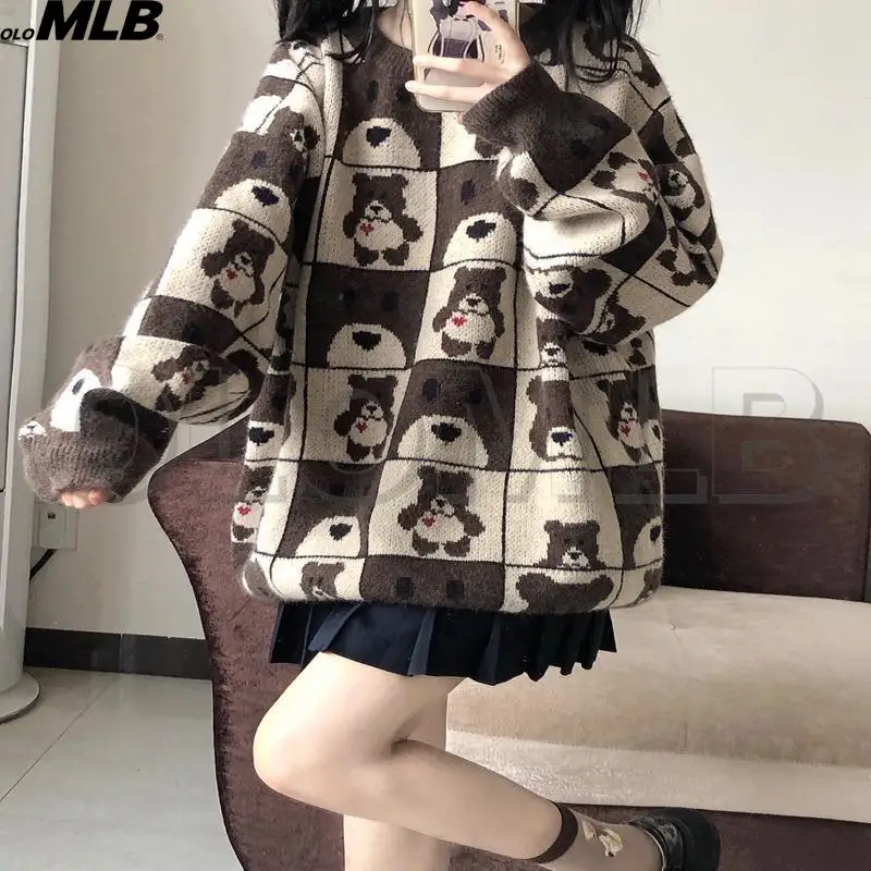 

Men's Pullovers Sweaters Kawaii bear Stripes Women's Knitted Streetwear Maiden Oversized Harajuku O Neck Knitwear Men Clothing