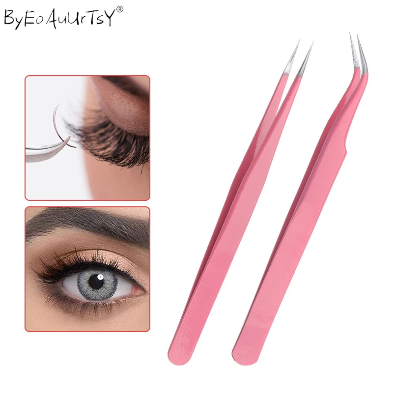 

Pink Stainless Steel Eyelash Extension Tweezers Curved Straight Lashes Tweezer Anti-static Eyelashes Nail Makeup Tools