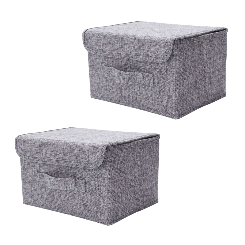

2X Cotton Linen Fabric Folding Cd Storage Boxes Foldable Bins Toys Organizer With Lids And Handles Storage Basket