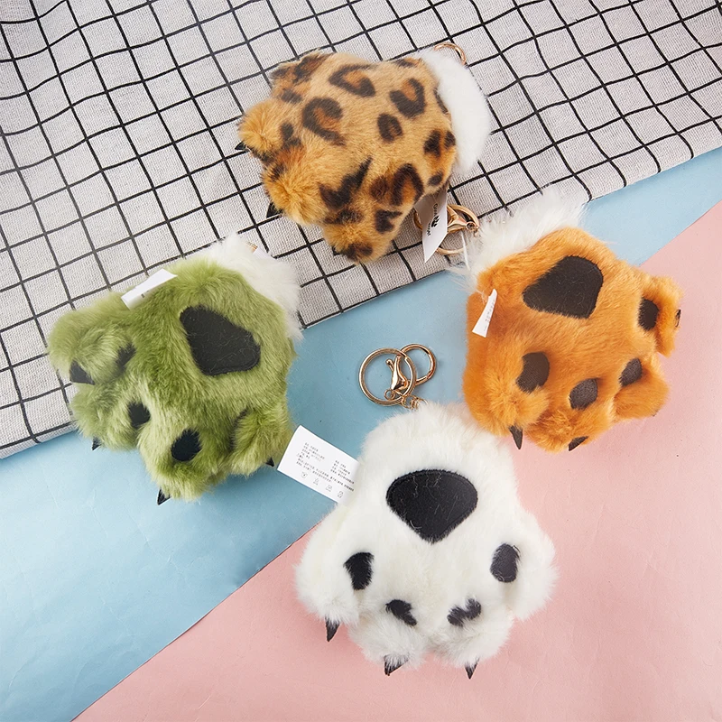 Cute Cartoon Tiger Paw Keychains for Women Men Soft Plush Pompom Hair Ball Keyrings Girls Gift Jewelry Handbag Key Chains