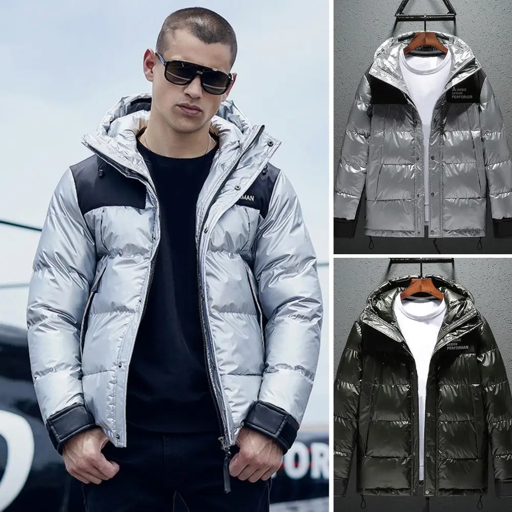 Men Jacket Patchwork Hooded Windproof Plus Size Cotton Padded Windbreaker for Daily Wear
