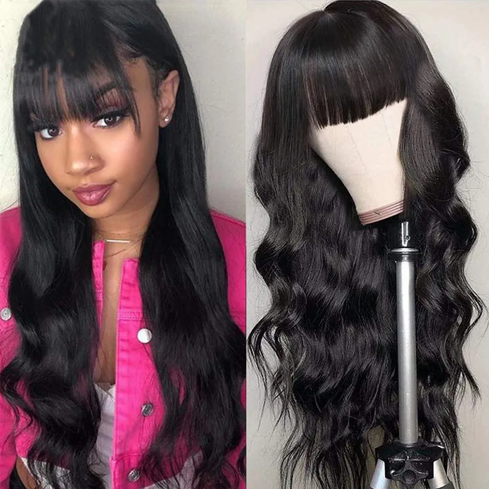 

Body Wave Human Hair Wigs With Bangs 100% Remy Full Machine Made Original Brazilian Human Hair Wig For Women Natural Black