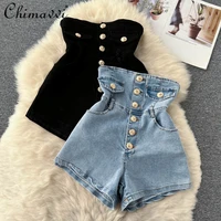 all matching solid color single breasted denim shorts female 2022 summer new fashion high waist wide leg pants for women