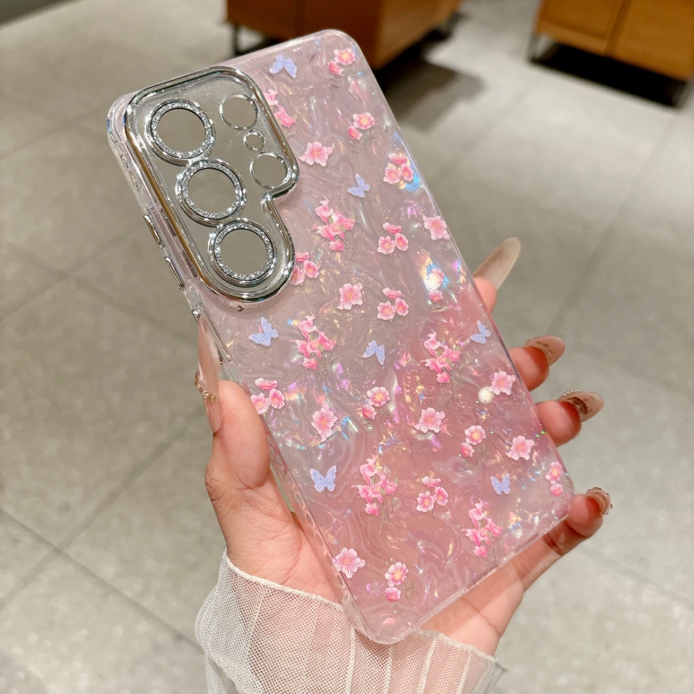 Фото Роскошный чехол для телефона с блестящим узором и цветами для Samsung S 22 23 24 25 26 Ultra Plus, мягкий противоударный защитный чехол для объектива IMD №2