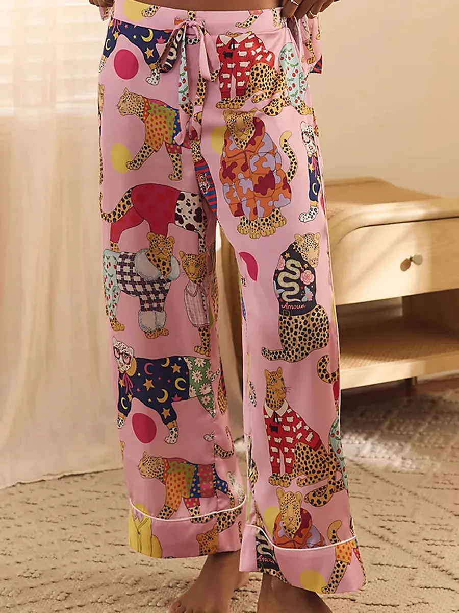 Женский пижамный комплект уютный осенний топ с принтом гепарда воротником