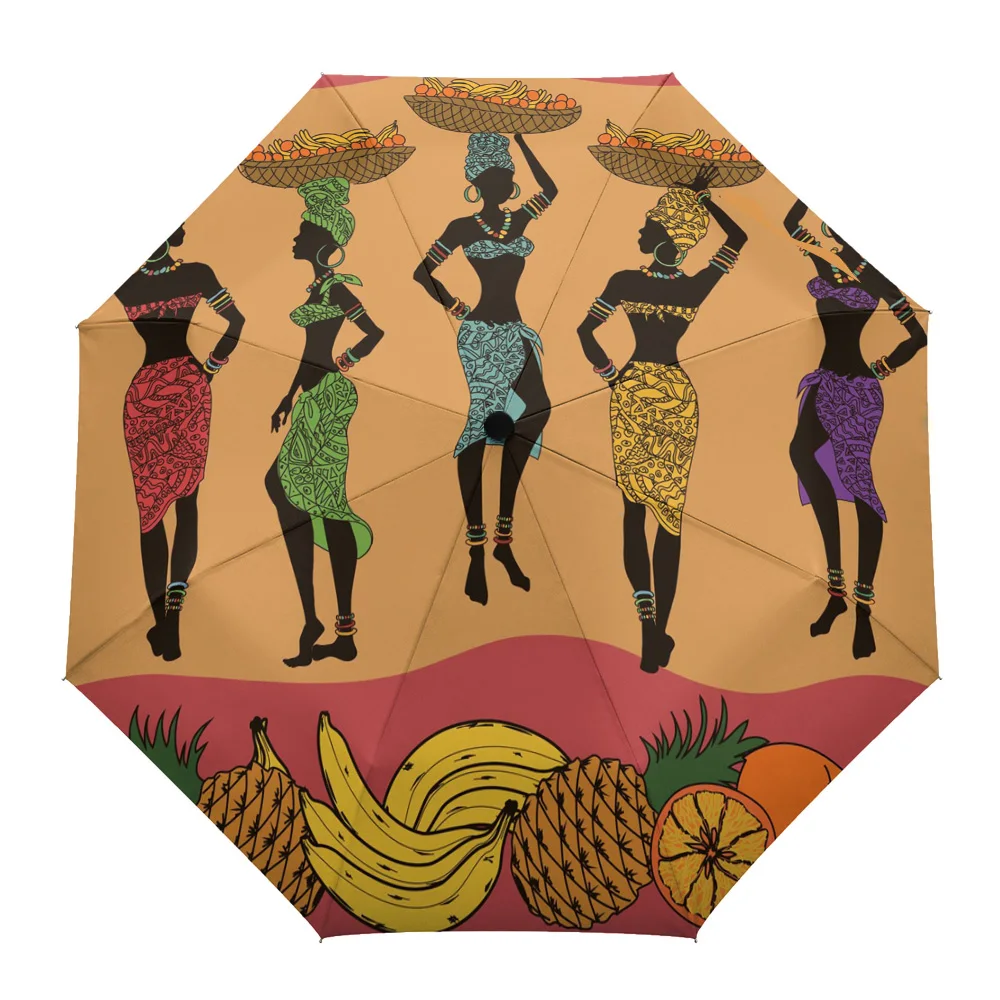 

African Flower Fruit Woman Fully-automatic Umbrella for Outdoor Kids Adults Printed Umbrella Foldable Eight Strand Umbrella
