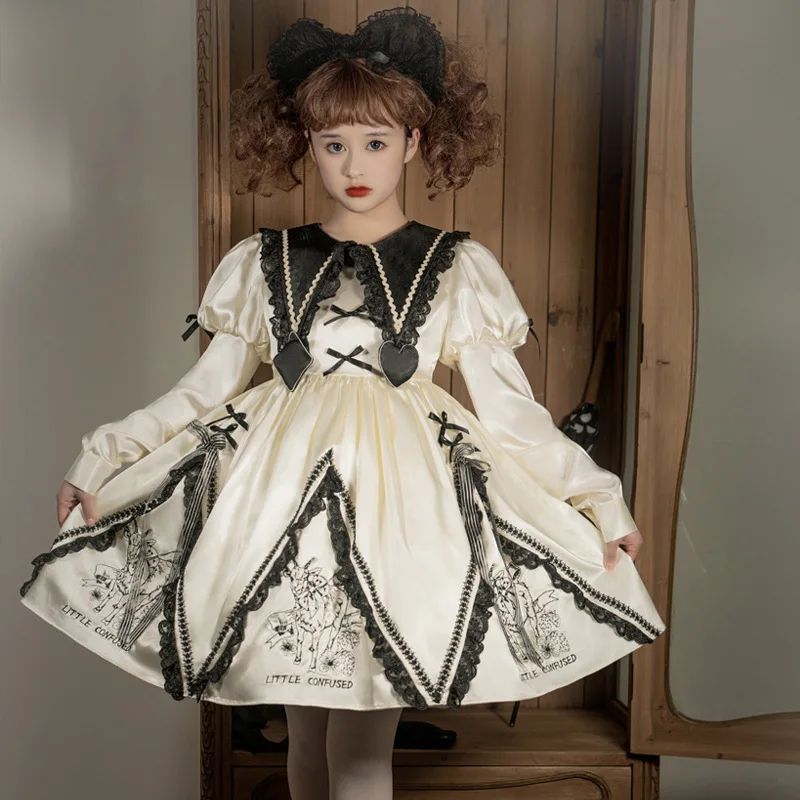 Little Confused Original Design Women's Lolita Long Sleeve Bubble Dress Black & Biege Silky Fabric Cute Girl One Piece