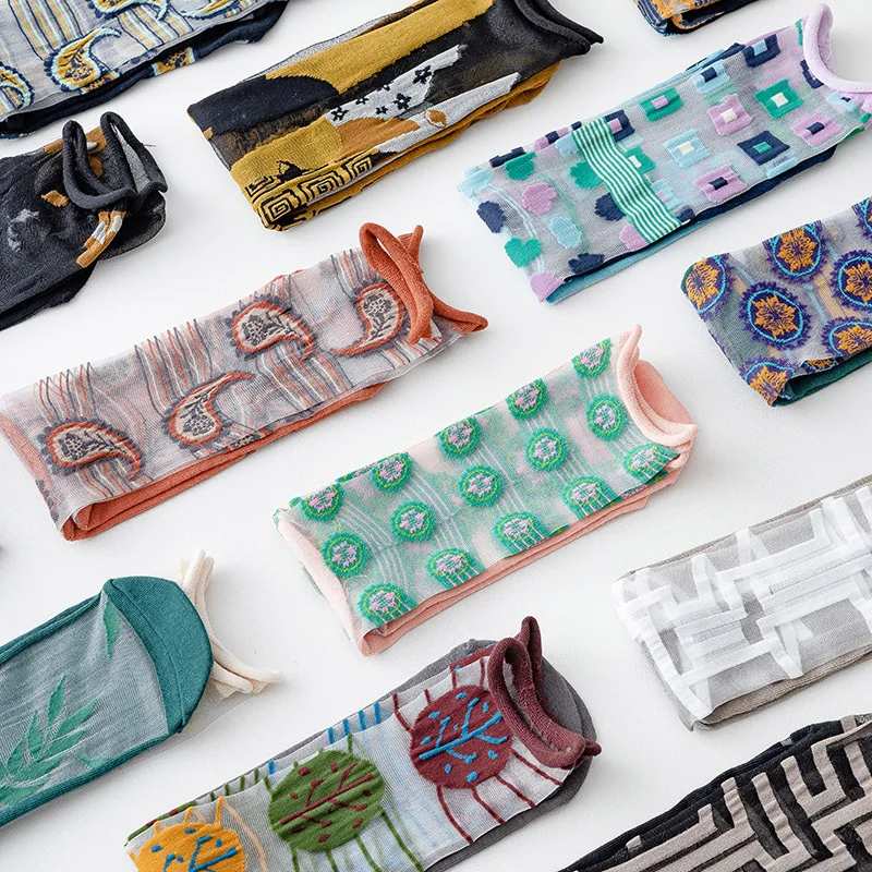 Summer Socks Women's Socks French Art Silk Socks Women's Thin AB Asymmetric Glass Cassette Trendy Socks Medium Socks Stocking