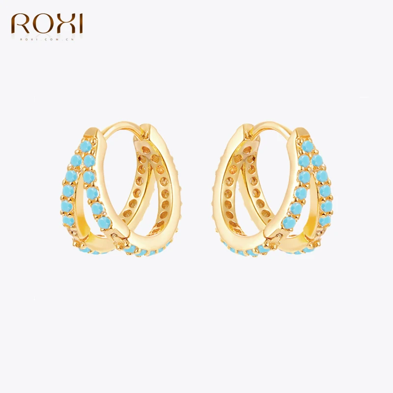 

ROXI Luxury Double Row Turquoise Stone Hoop Earrings for Women Piercing Earrings Cartilage 925 Sterling Silver Jewelry brincos