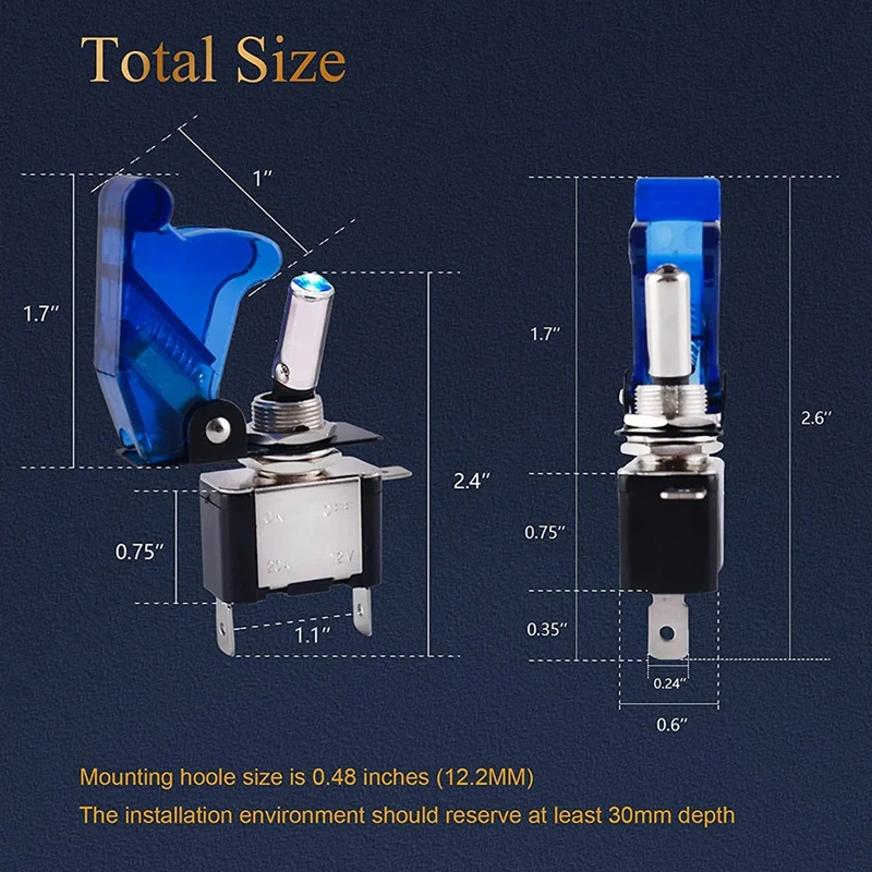 Toggle Switch 5 Pack 3Pin 12V 20A Lighted Heavy Duty Waterproof Witch With Cover SPST ON/Off Blue LED