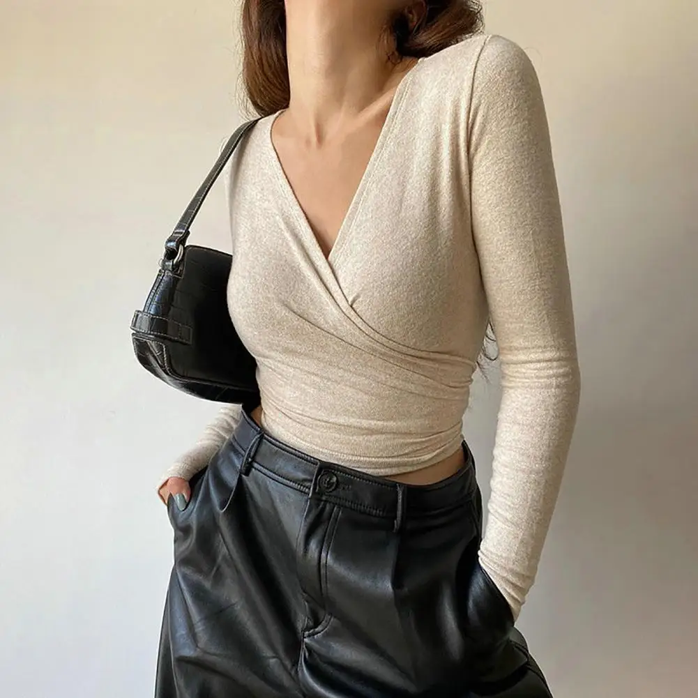 

Deep V Neck Elegant Women Blouse Long Sleeves Navel Exposed Solid Color Bottoming Shirt Cross Wrap Bandage Cropped Top Blusas