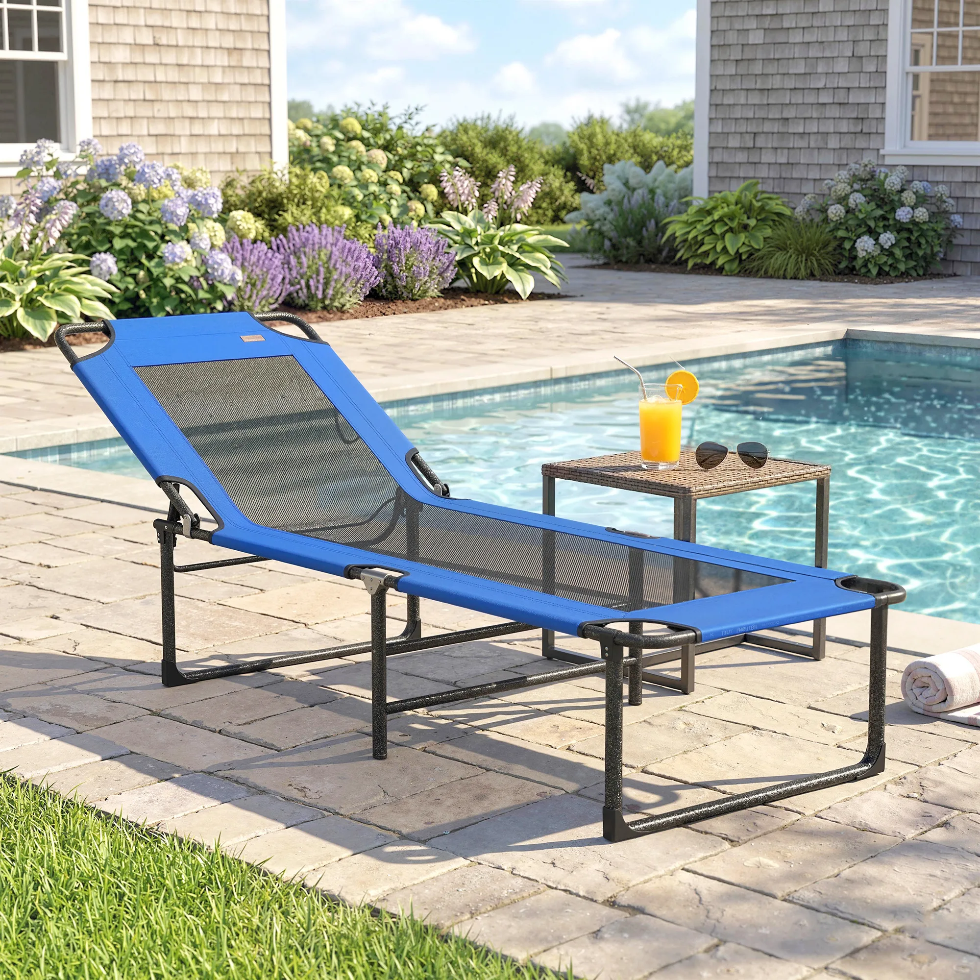 Outsunny Folding Lounger, Outdoor Garden Lounger with Adjustable Backrest in 4 Positions, Carrying Handles and Textilene Backrest, Load 120 Kg, for Terrace, Pool, Beach, 175X58X68 Cm, Blue