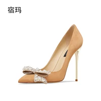 women high heels pearl bow pointed toe thin heel shallow sexy ladies red black party wedding dress party high heels33 41