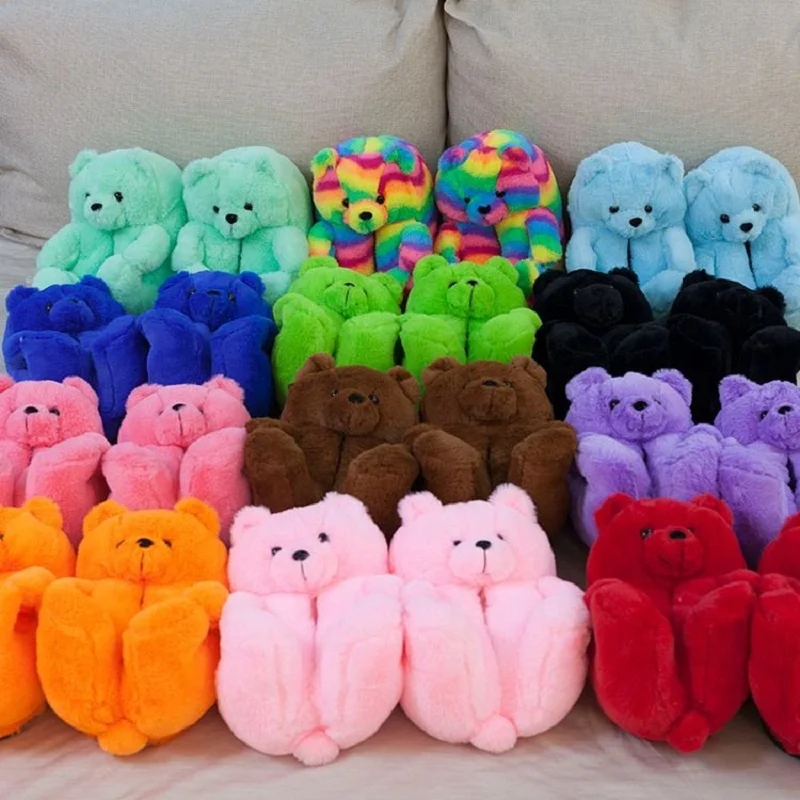 Free Shipping Women's Fulffy Teddy Bear Slippers Home Warm Bear Fur Slides Winter Slip On Animal House Shoes 1