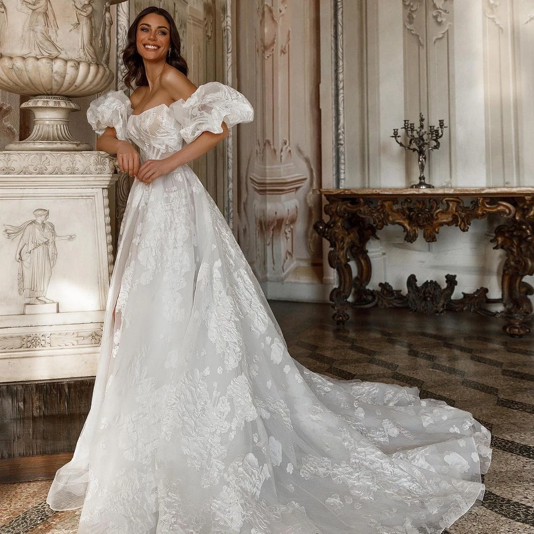 

Fairytale Puff Sleeves Wedding Dresses O-Neck Tulle Court Stain Back Strap Appliques Zipper Up Floor-Length 2023