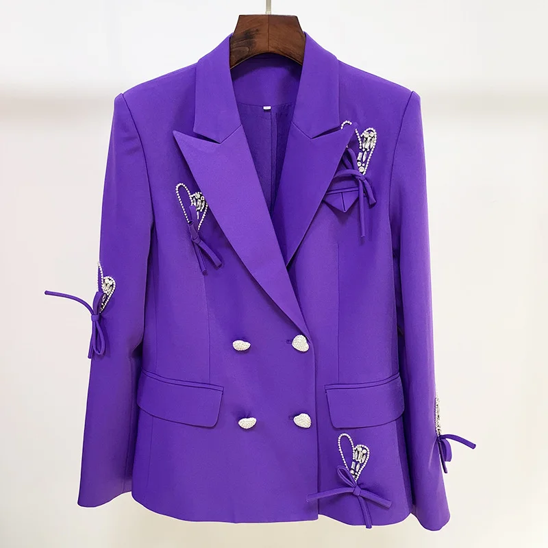 

Spring 2022 Long Sleeve Notched Collar Double Breasted Diamonds Buttons Rhinestone Bow Purple Loose Blazer GD844