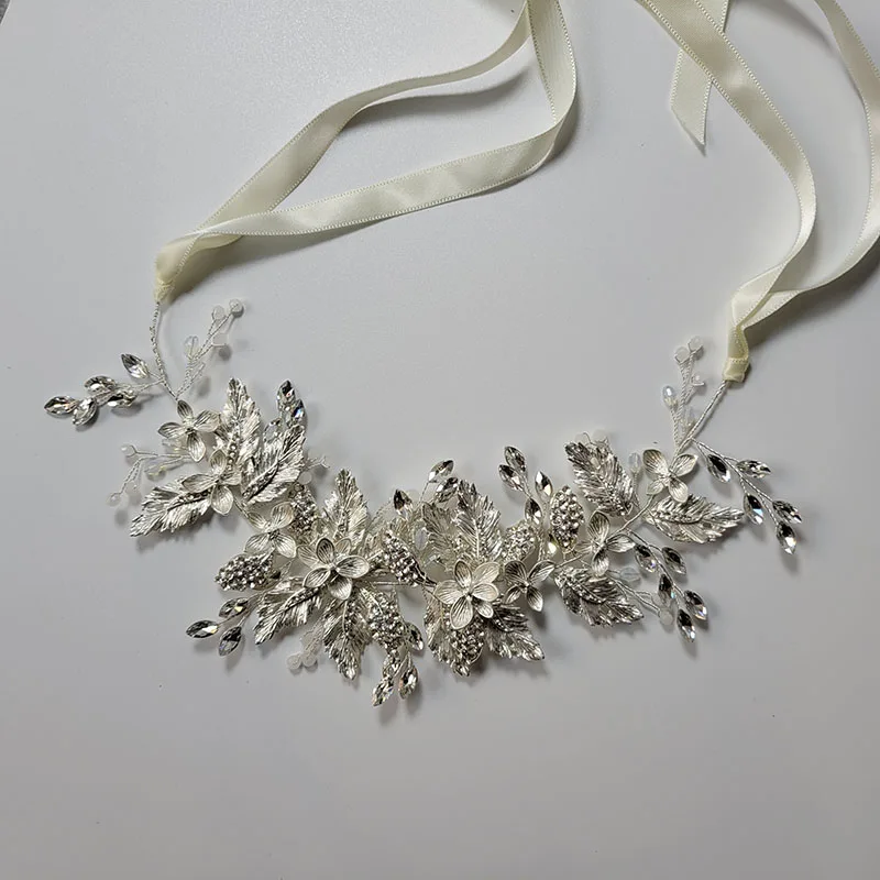 Свадебная тиара SLBRIDAL ручной работы с кристаллами и жемчугом в виде цветов и листьев, свадебная тиара с лозой, повязка на голову для невесты, аксессуары для волос, подружки невесты