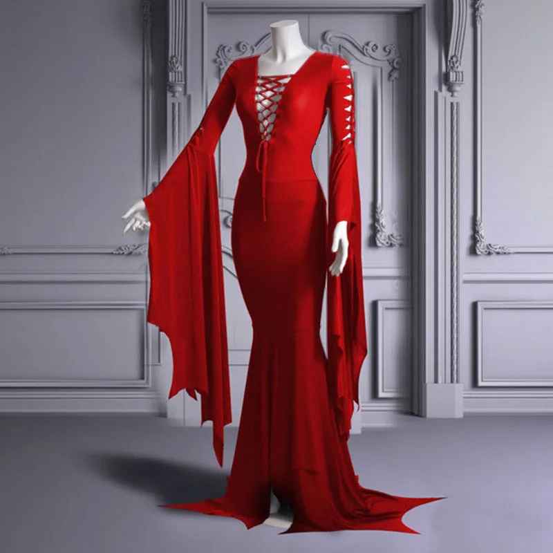 

S-5XL Sexy Witch Ghost Halloween Costume Morticia Addam Gothic Maxi Dress Pagan Pixie Vampire Black Lace Up Gown Robe For Women