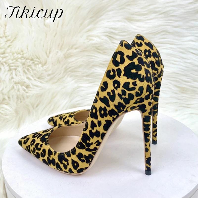 

Tikicup Women Faux Suede Leopard Pattern Pointy Toe High Heel Party Dress Shoes Sexy Ladies Flock Stiletto Pumps 8cm 10cm 12cm
