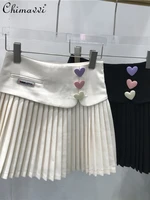heart buckle decorative versatile solid color pleated skirt for female 2022 summer new high waist slim a line skirt womens