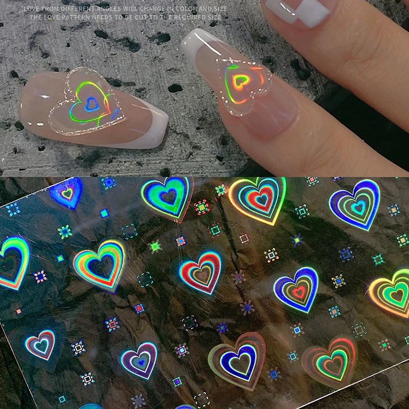 Aurora Laser Heart Nail Art Sticker Shiny Dynamic Gradient Love Star Pattern Glass Foil Film Adhesive decals Decoration 1PC |