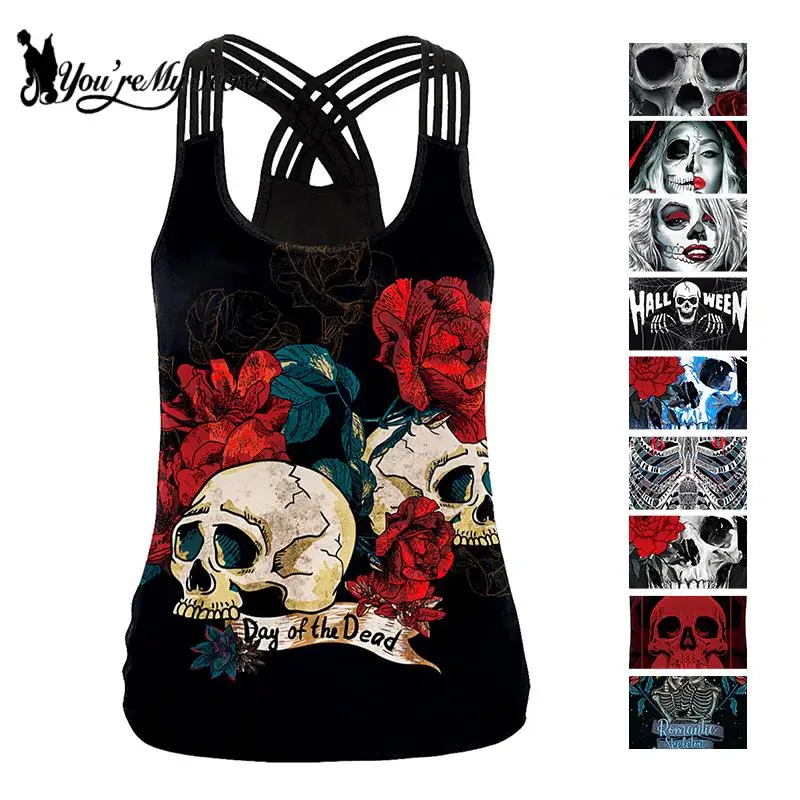 [You're My Secret] Halloween Party Tank Top Women Summer Skull Punk Rock Print Sleeveless Tee Shirt Workout Black Vest Tops