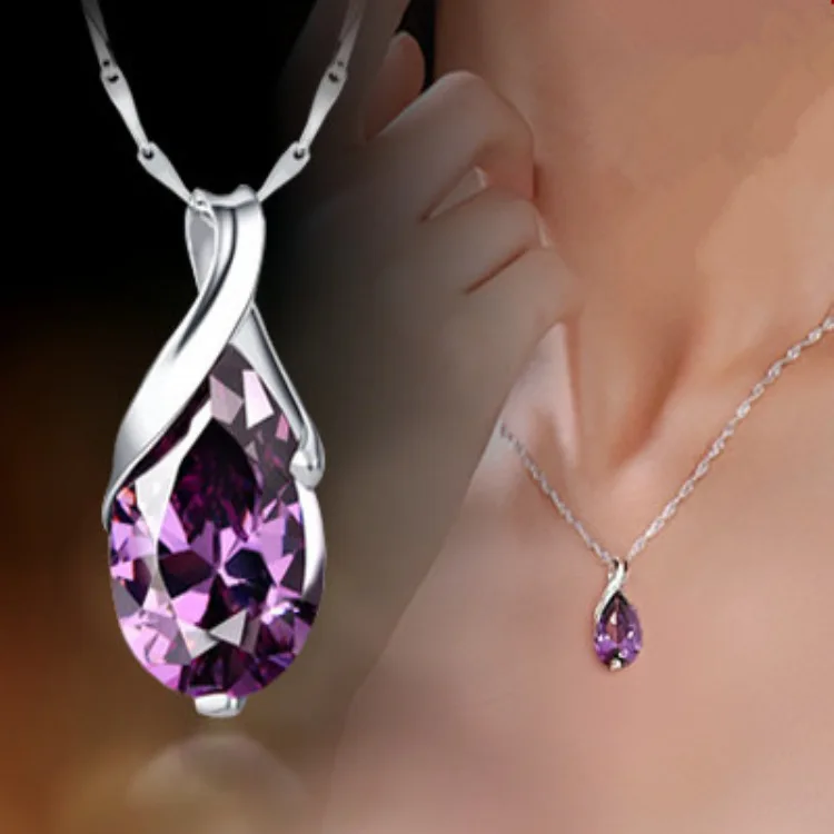

European and American Fashion Purple Crystal Ladies Necklace Angel's Tears Pendant Jewelry To Attend The Banquet Wedding Jewelry