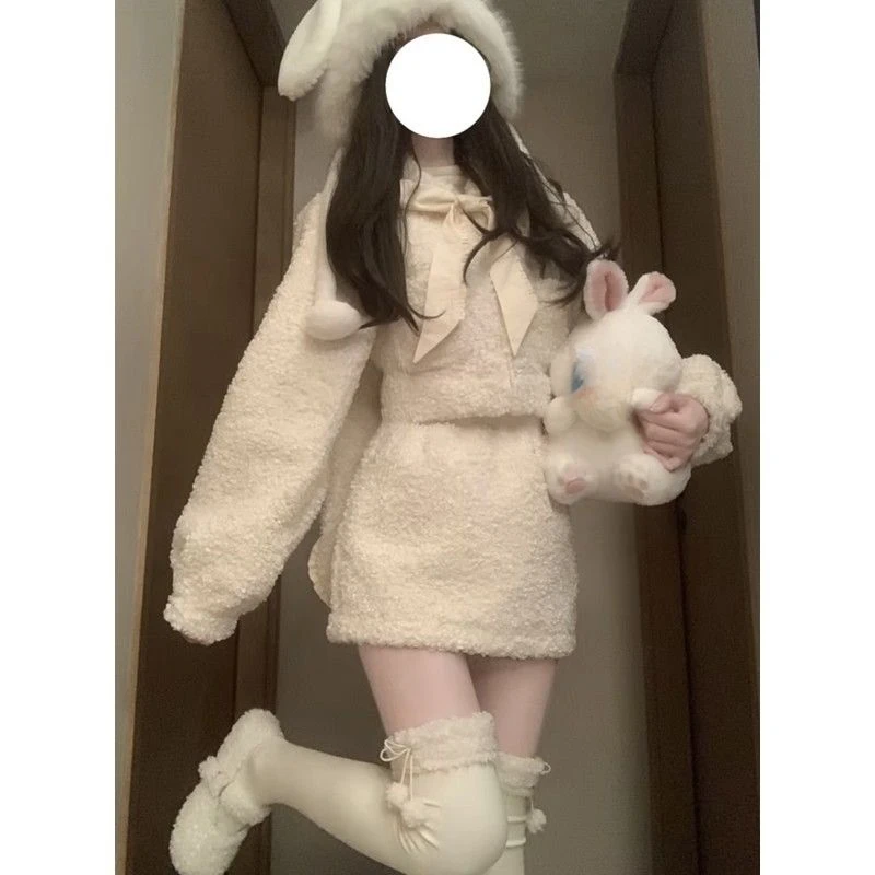 Harajuku Sweet Kawaii Ear Толстовка с капюшоном Женское пальто + Y2k Меховые юбки высокой
