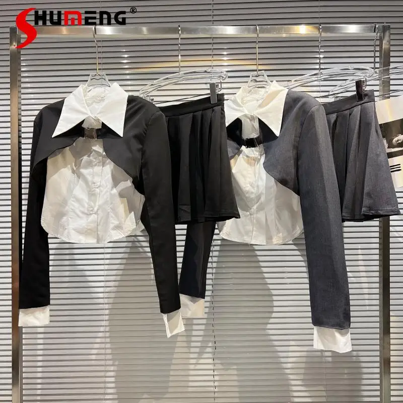 

2022 Spring New Short Cape Coat + Long Sleeve White Bottoming Shirt + Mini Pleated Skirt Three-Piece Suit Women's Outfits